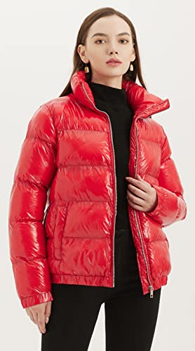Metallic Shiny Puffer Jacket Quilted Winter Warm Zip Stand Collar Padded Short Bubble Coat L351218