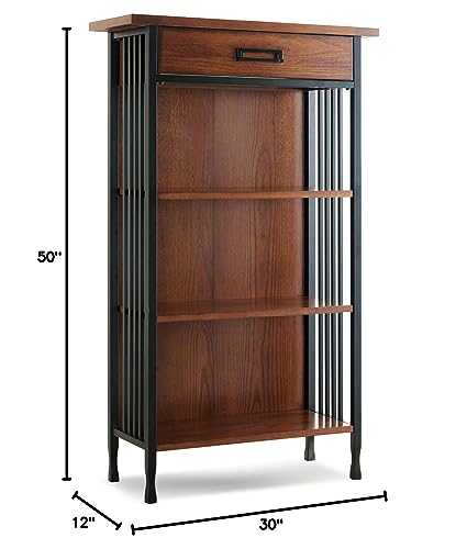 Rustic Bookcase with Drawer Storage, 12" D x 30" W x 50" H, Mission oak/matte black P6001