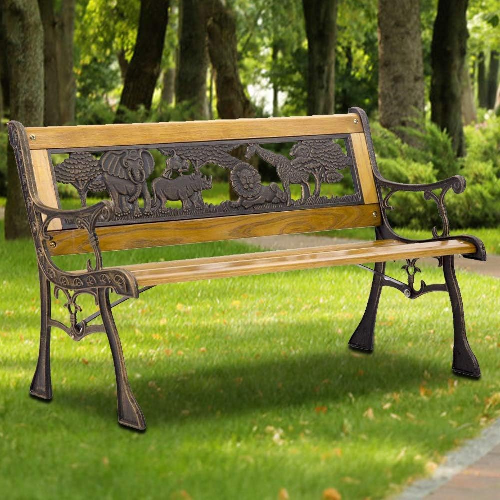 Antique Safari Animal Hardwood Bench with Metal Frame H731