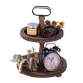 Dark Brown Wooden Two Tiered Serving Tray with Metal Handle S764