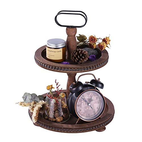 Dark Brown Wooden Two Tiered Serving Tray with Metal Handle S764