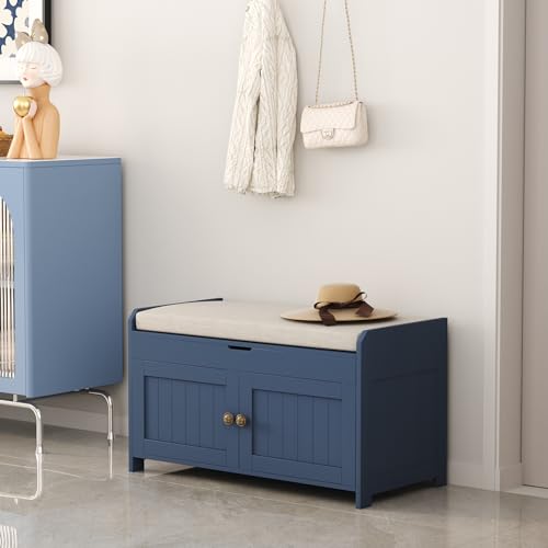 Blue Wood Shoe Storage Bench with Cushioned Seat C113