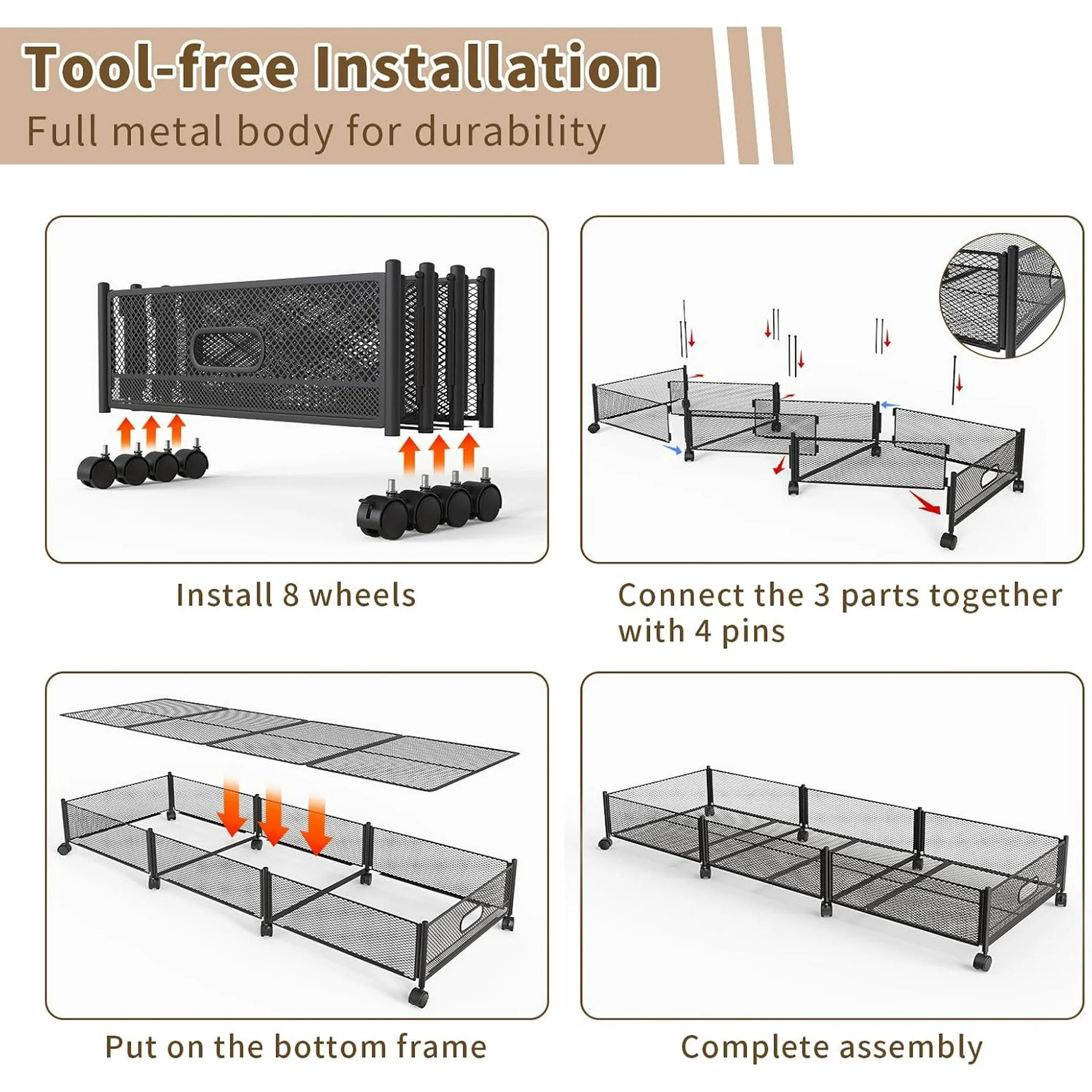 Under Bed Storage on Wheels, Large Capacity Rolling Under the Bed Storage Containers, Foldable Drawers V8047