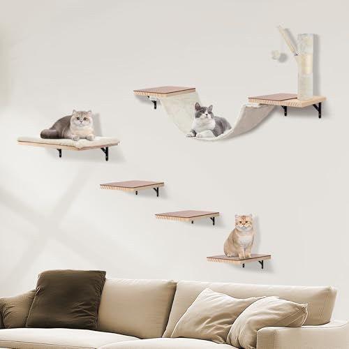 Beige Cat Wall Furniture Set with Hammock and Scratching Post E634