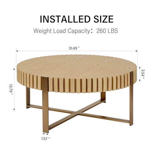31.5'' Round Solid Wood Coffee Table with Stainless Steel Gold Legs T390