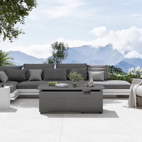 Gray Rectangle Propane Fire Pit Table with Glass Wind Guard, Rain Cover, Removable Lid B4938