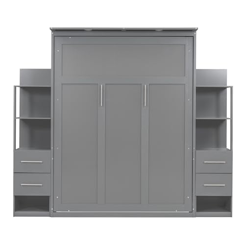Gray Queen Murphy Bed with Storage Shelves, Drawers and LED Light, Wood Foldable Wall Bed Frame D469068