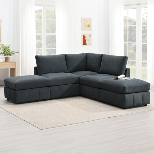 Dark Grey Corduroy 5-Seat L Sectional Sofa with 2 Ottomans O11454