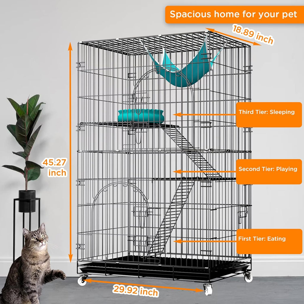 46 inch 3-Tier Folding Metal Wire Cat Cage with Wheels Shelves Ladders Tray R194449