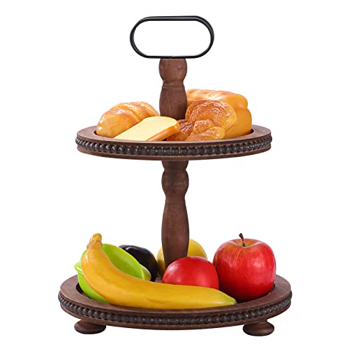 Dark Brown Wooden Two Tiered Serving Tray with Metal Handle S764
