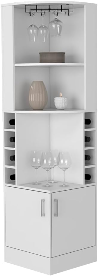 White Tall Corner Bar Storage Cabinet with Wine Rack F27405