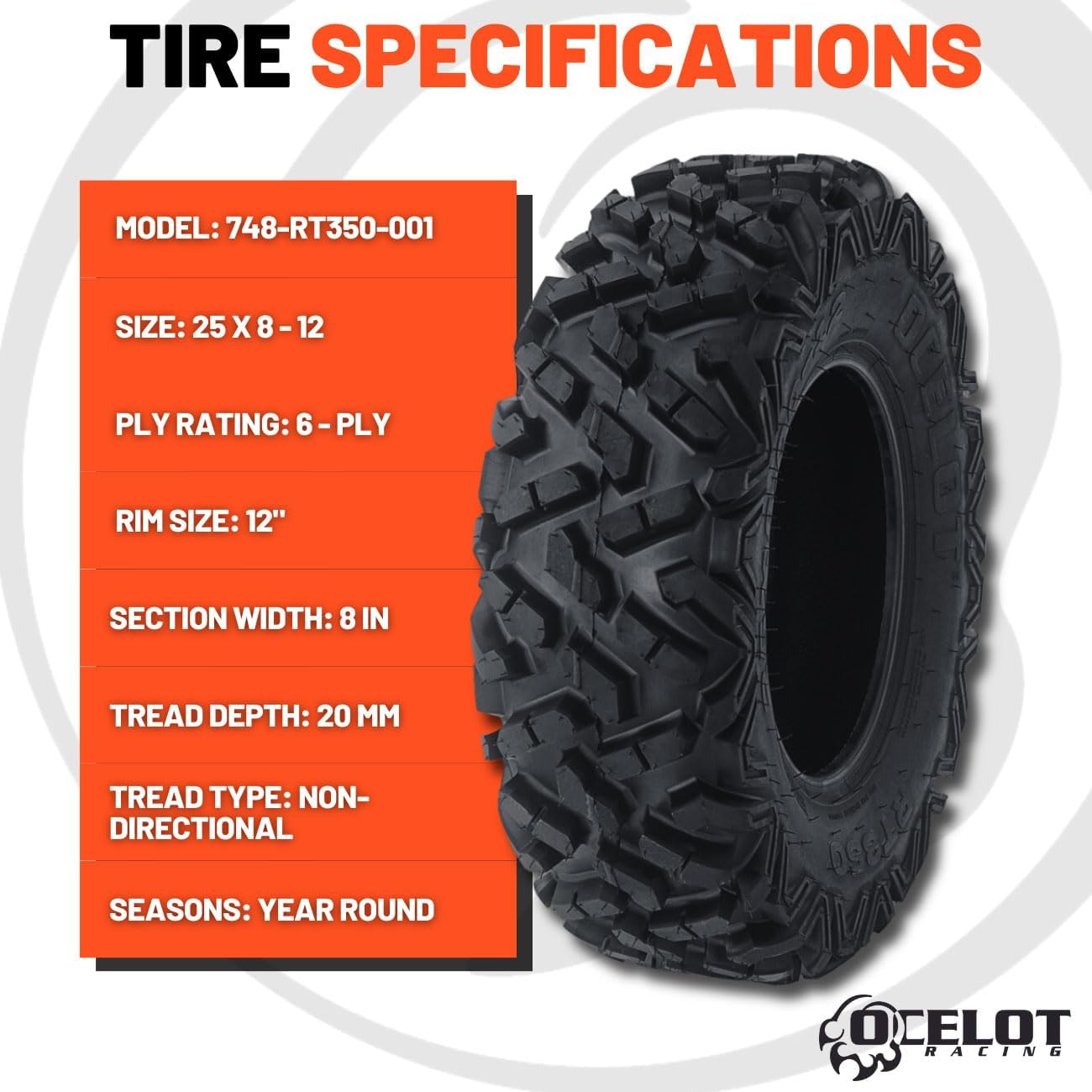 25x8x12 UTV Tires All-Terrain Tire 6-Ply Bias Non-Directional Aggressive Tread C7682