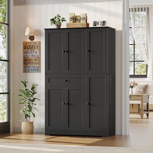 White Tall Kitchen Pantry Storage Cabinet with Doors and Shelves and Drawer H490315