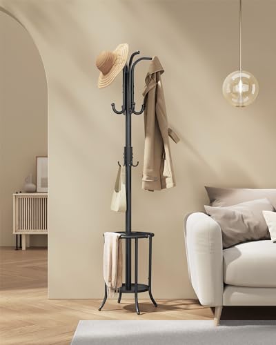 Ink Black Metal Coat Rack with 12 Hooks and Umbrella Holder Z9355