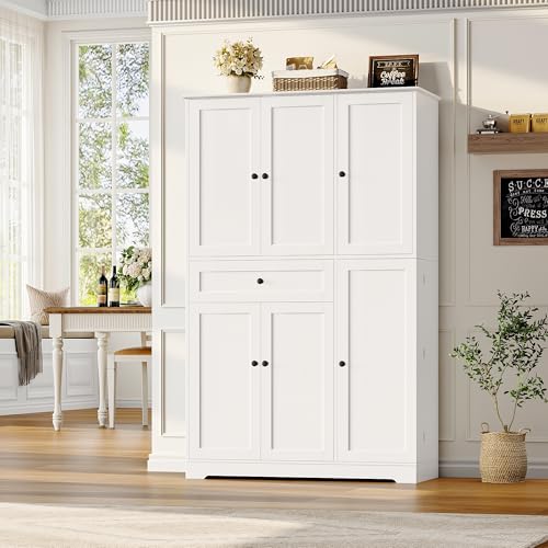 White Tall Kitchen Pantry Storage Cabinet with Doors and Shelves and Drawer H490315