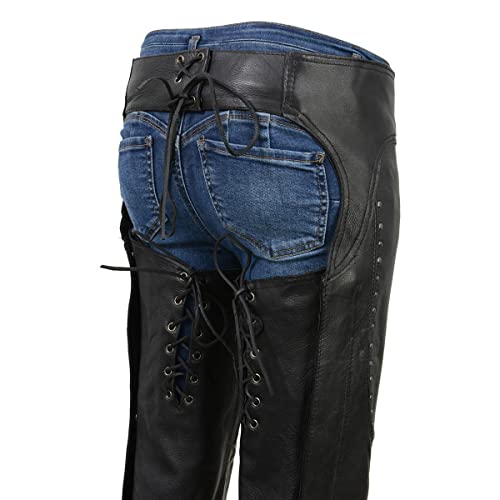 Black Low-Rise Waist Front Double Buckle Rivet Detailing Motorcycle Chaps G317