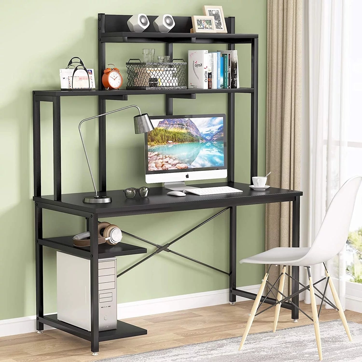 Black Medium Computer Desk with Storage Hutch Shelf C57655