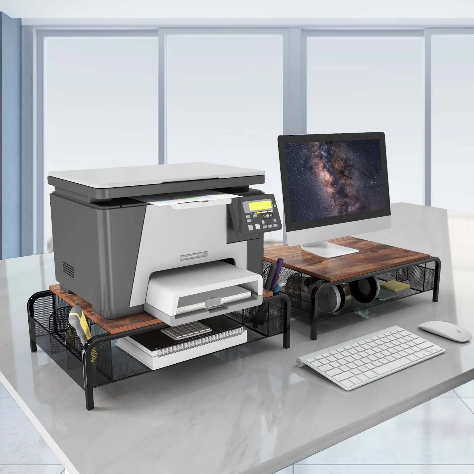 Brown Desk Monitor Stand Riser with Drawer E744730