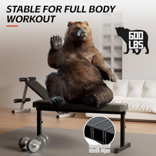 Black Flat Weight Bench with Adjustable Height, 600LBS N490