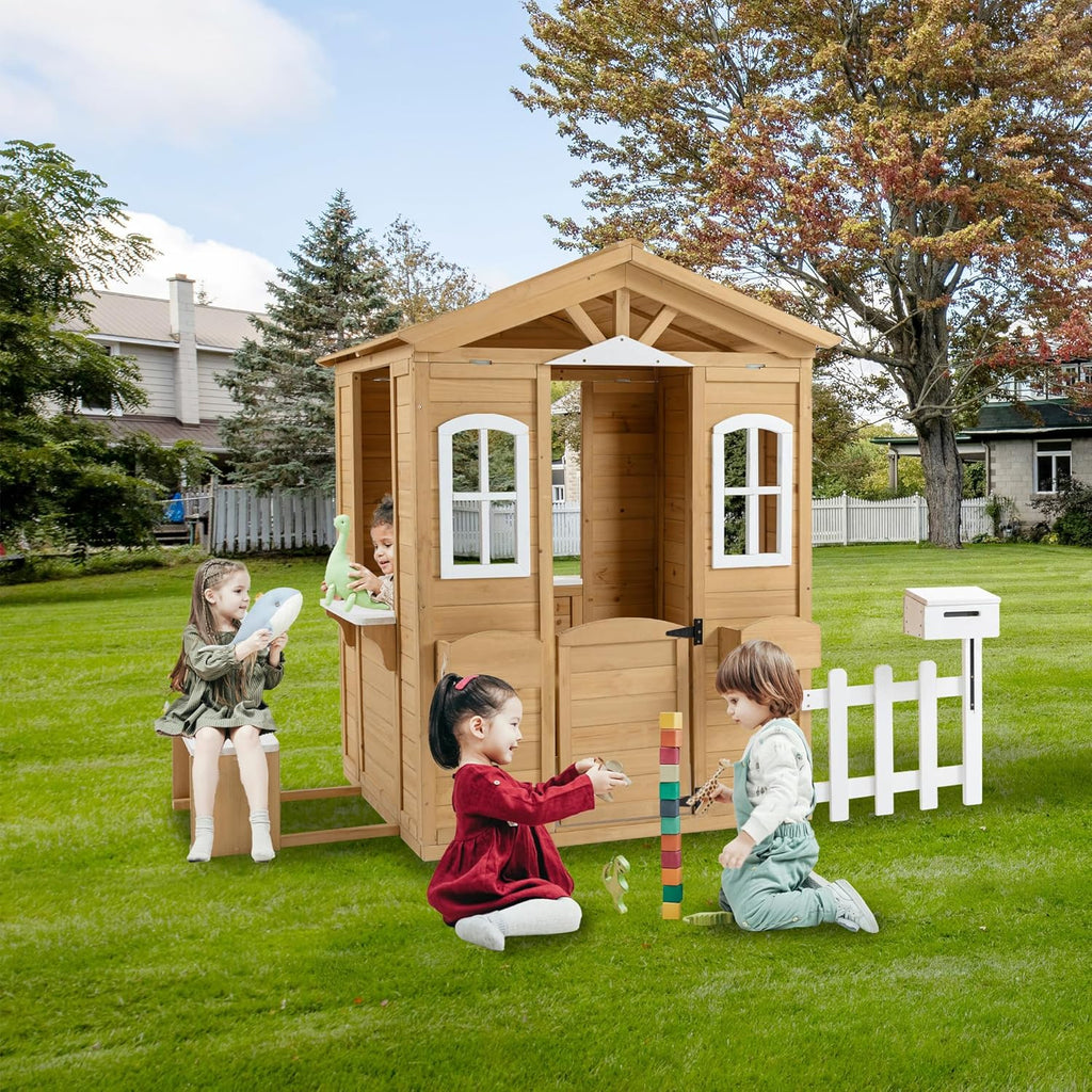 Wooden Playhouse with Door, Windows, Mailbox, Bench, Flowers Pot Holder, 39" x 38" x 55.5" N89446