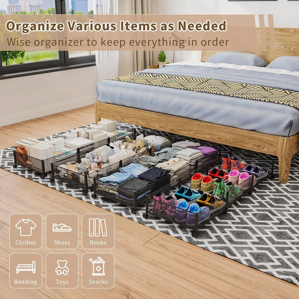 Under Bed Storage on Wheels, Large Capacity Rolling Under the Bed Storage Containers, Foldable Drawers V8047