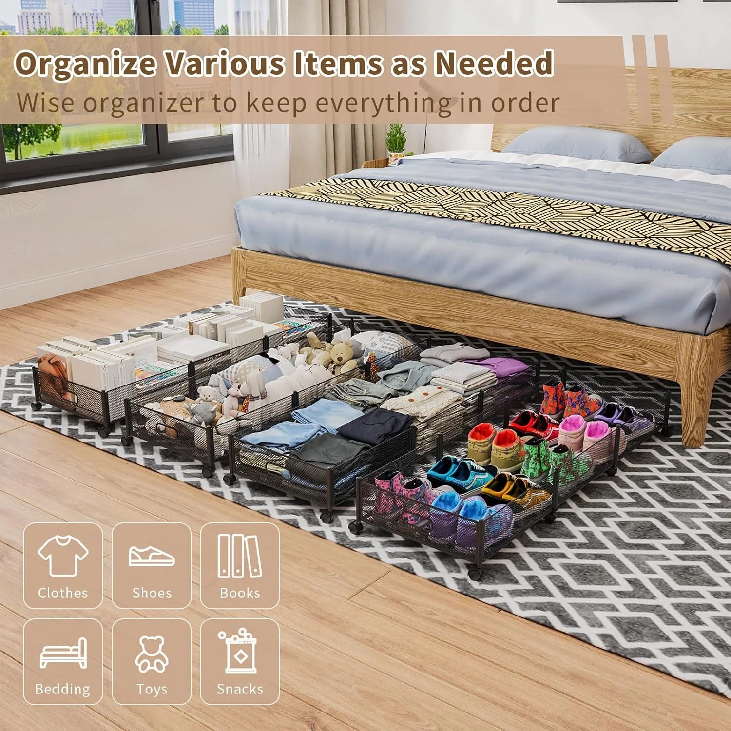 Under Bed Storage on Wheels, Large Capacity Rolling Under the Bed Storage Containers, Foldable Drawers V8047