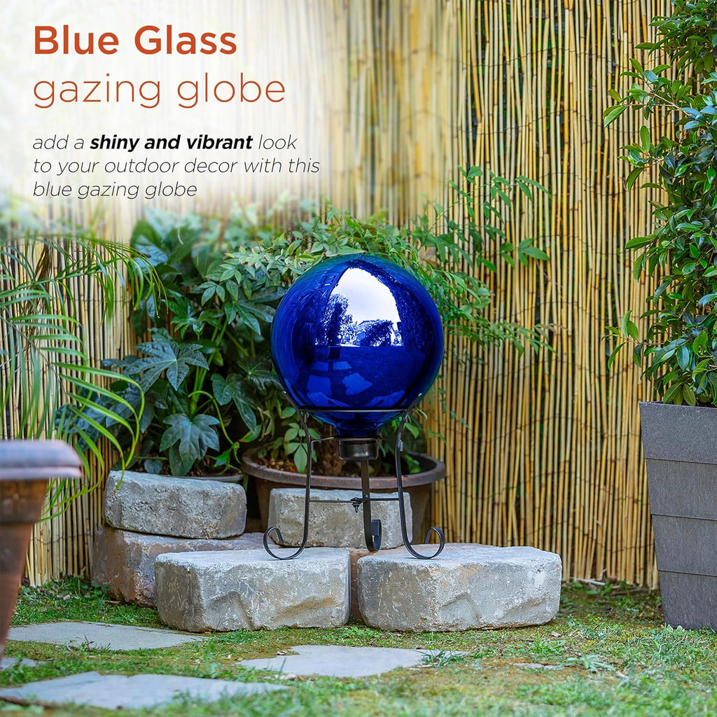 10" Blue Outdoor Glass Gazing Globe with Black Iron Stand Z91953