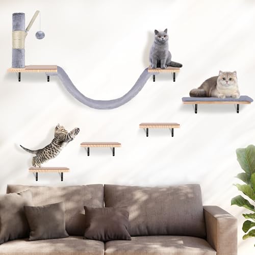 Beige Cat Wall Furniture Set with Hammock and Scratching Post E634