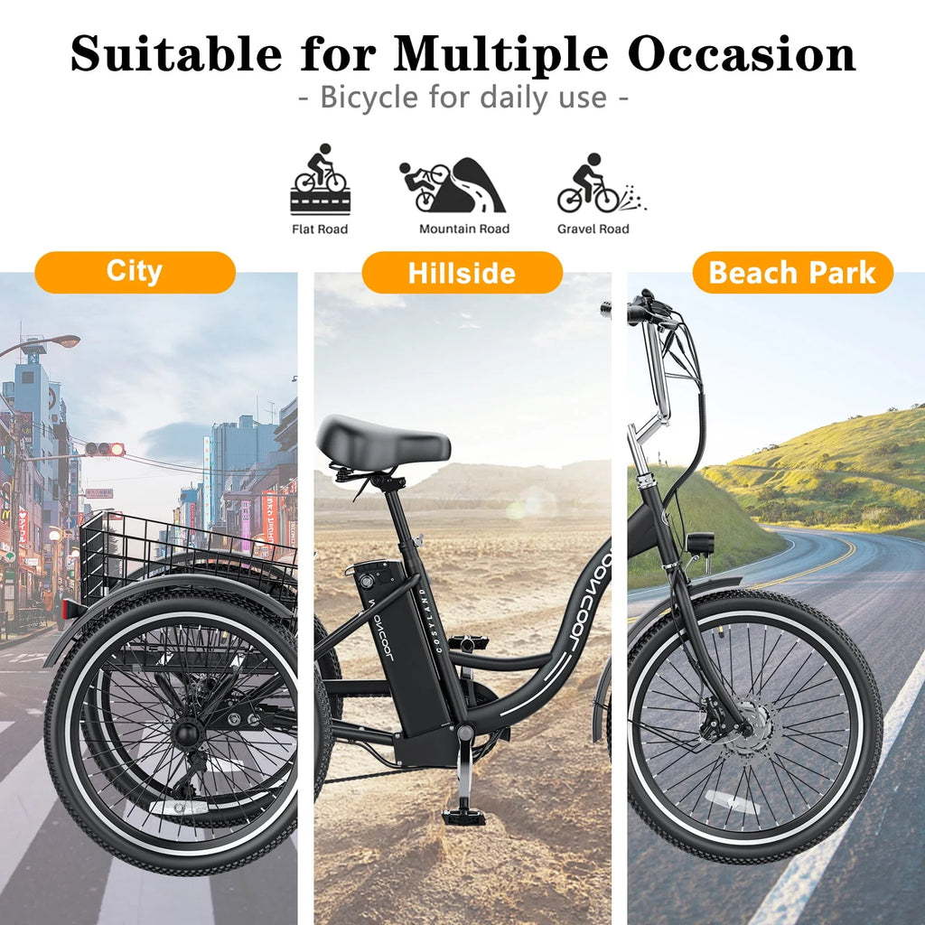 Adult Electric Tricycle, 3 Wheel Electric Bike, 7-Speed, Removable Lithium Battery H532